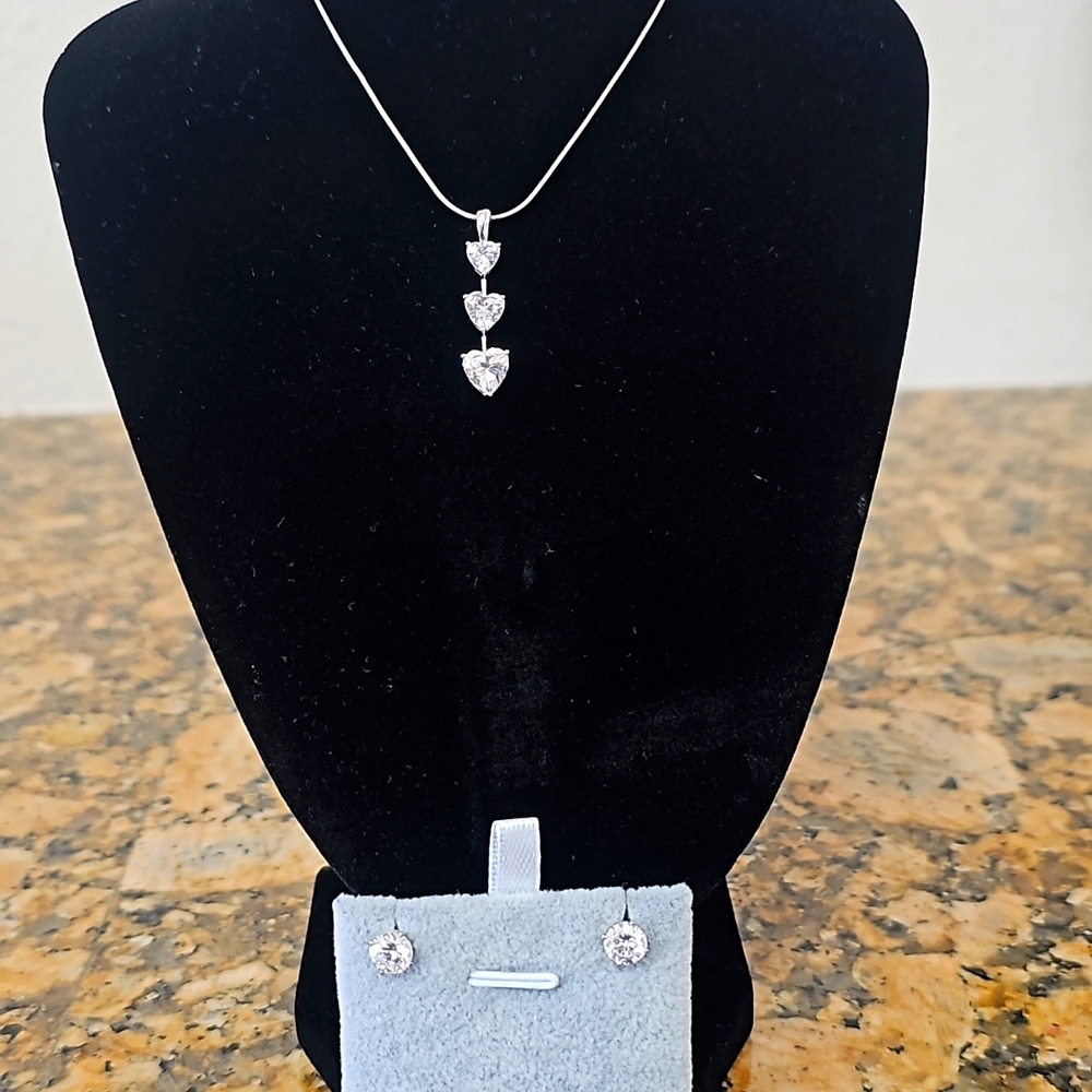 Adorable triple heart cz necklace with earrings